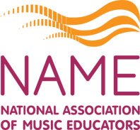 White background with dark red text reading 'NAME - National Association of Music Educators' under three yellow waves.