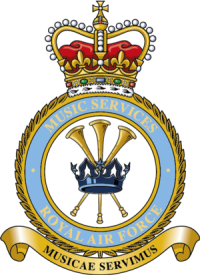 Gold and blue royal logo with a crown on top. Text reading 'Music Services, Royal Air Force, Musicae Servimus'
