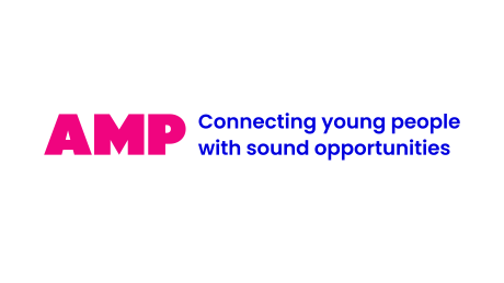 AMP Connecting young people with sound opportunities in pink and blue text