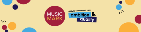 Yellow banner with burgundy, blue and yellow circles round the edges. The Music Mark logo and Ambition & Quality Annual Conference 2025 logo are in the centre.