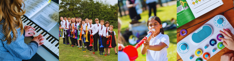4 photos in a banner. From left to right: a young girl playing a keyboard, a group of primary children holding different coloured trumpets; a young girl playing a red recorder; a child's hand pressing a button on a music toy.