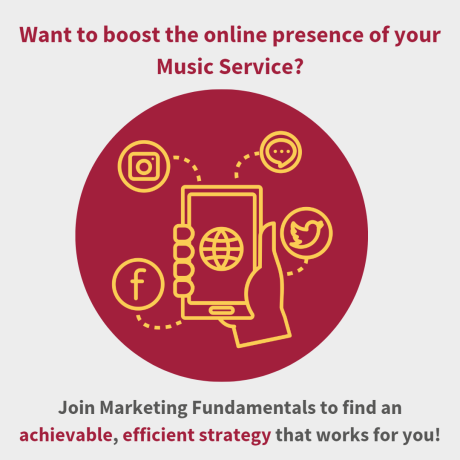 A burgundy circle in the centre with a hand holding a yellow outline of a mobile phone with social media icons surrounding it. Burgundy and grey text above and below the circle reads 'Want to boost the online presence of your Music Service? Join Marketing Fundamentals to find an achievable, efficient strategy that works for you!'