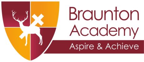Text showing 'Braunton Academy' with 'Aspire & Achieve' as a subheading. This is to the right of a coat of arms in red and yellow with a deer and cross silhouette.