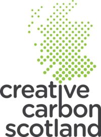 Grey text reading 'creative carbon scotland'. Above there is a logo made up of green dots in the shape of Scotland