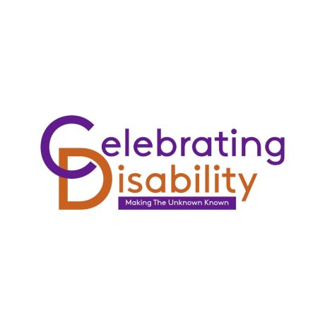 Logo: Celebrating Disability logo. The words Celebrating Disability. The word Celebrating in purple with the letter “C” looping the letter “D” underneath. The word disability is in orange. This is underlined by a purple bar with the words inside the bar reading: making the unknown known.