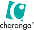 Turquoise square tilted to the right with a white C in the middle. Black text reads Charanga.