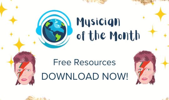Text reading 'Musician of the Month, Free Resources, Download Now!' and images of David Bowie.