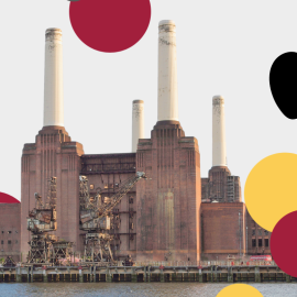 Image of the Battersea Power station with circles in the Music Mark yellow and red colours overlayed, and a black Apple Computers logo in the top right