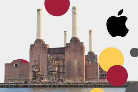 Image of the Battersea Power station with circles in the Music Mark yellow and red colours overlayed, and a black Apple Computers logo in the top right
