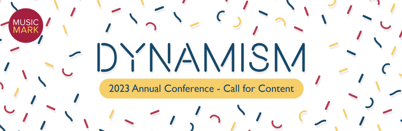 DYNAMISM - 2023 Annual Conference Call for Content. Text on confetti-graphic background with Music Mark logo