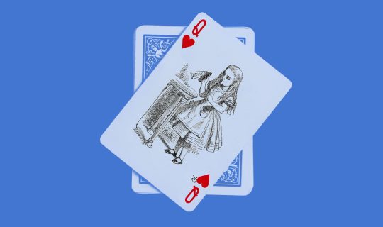 Drawing of Alice in Wonderland holding a 'Drink Me' bottle on a playing card, the Queen of Hearts. Blue background.