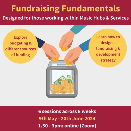 A cartoon of a money box with three hands dropping coins into the box is in the centre. Text reads 'Fundraising Fundamentals. Designed for those working wtih Music Hubs & Services. Explore budgeting & different sources of funding. Learn how to design a fundraising & development strategy. 6 sessions across 6 weeks, 9th May - 20th June 2024, 1.30 - 3pm: online (Zoom).