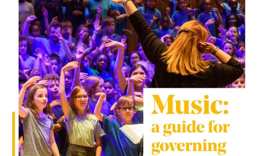 Cover of the Governors Guide - images of young people with their arms in the air and a conductor. Yellow text reads 'Music: a guide for governing boards.' Black text reads 'Providing high-quality music education in schools'. The Arts Council England, National Governance Association, and Music Mark logos are side by side at the bottom