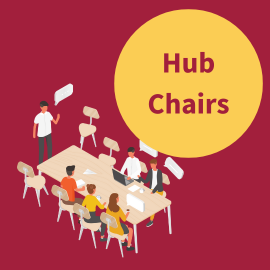 Maroon background with a yellow circle and maroon text reading 'Hub Chairs'. There is a cartoon of people sat around a table together, with someone stood up talking at one end.
