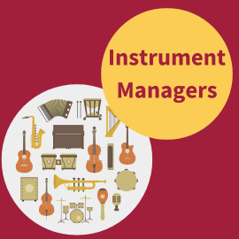 Maroon background with a yellow circle and maroon text reading 'Instrument Managers'. There is a white circle filled with different cartoon instruments.