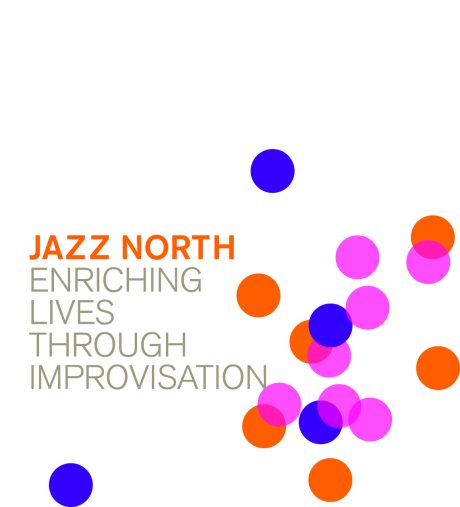 Jazz North Enriching Lives Through Improvisation with blue, orange and pink circles scattered over a white background
