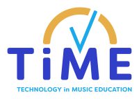 Blue text reading 'TiME Technology in Music Education'. Yellow semi circle with a blue tick.