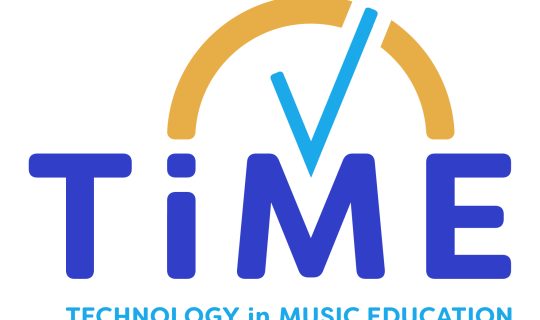 Blue text reading 'TiME Technology in Music Education'. Yellow semi circle with a blue tick.