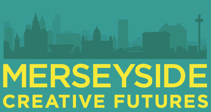 A green logo with the background skyline of liverpool, and Merseyside Creative Futures written onto it