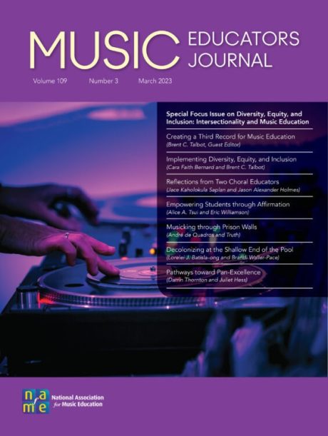 A purple cover for the Music Educators Journal. There is a list of contents but it's too small to read, and the cover image is a mixing deck with someone playing it.