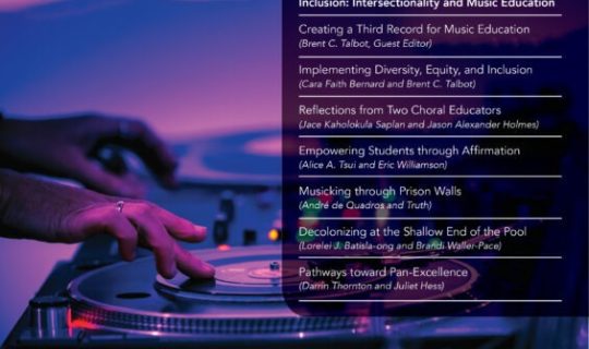 A purple cover for the Music Educators Journal. There is a list of contents but it's too small to read, and the cover image is a mixing deck with someone playing it.