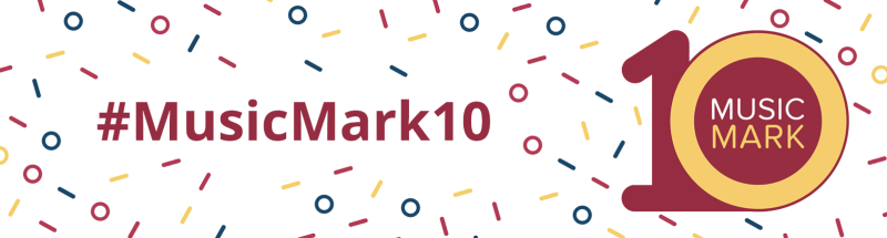 #MusicMark10, with Music Mark's 10th birthday logo and confetti background.