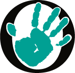 A black 'O' with a turquoise hand print in the middle