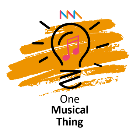 A black outline of a lightbulb over an orange crayon style background. There are two pink semiquavers in the centre, and some multicoloured lines above. Black text at the bottom reads 'One Musical Thing'