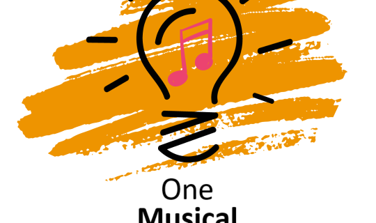 A black outline of a lightbulb over an orange crayon style background. There are two pink semiquavers in the centre, and some multicoloured lines above. Black text at the bottom reads 'One Musical Thing'
