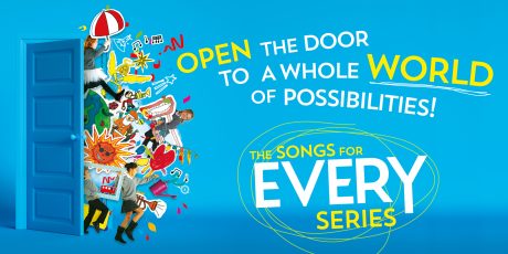Blue background with a blue door, and lots of colourful cartoons coming out of the door. Yellow and white text reads 'Open the door to a whole WORLD of possibilities! The songs for every series'