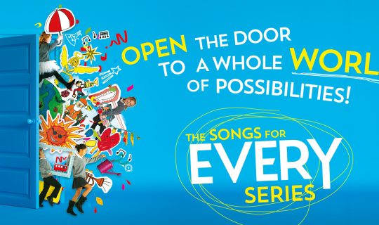Blue background with a blue door, and lots of colourful cartoons coming out of the door. Yellow and white text reads 'Open the door to a whole WORLD of possibilities! The songs for every series'