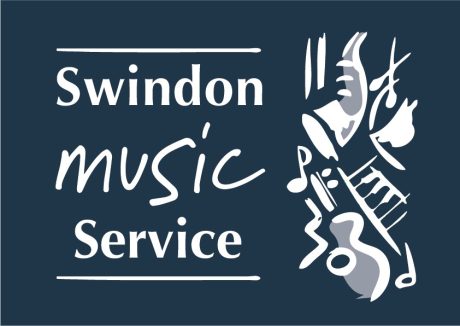Blue background with white text reading 'Swindon Music Service' next to white images of instruments and music notes