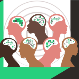 Silhouettes of peoples heads, with brains shown as having different patterns and workings within them, through scribbles and dots.