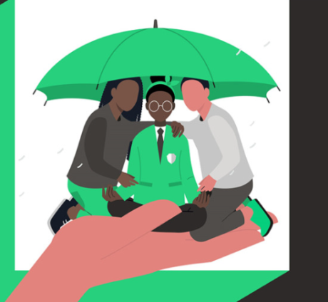 People under umbrella, being held up by hand