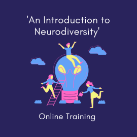 'An Introduction to Neurodiversity: Online Training' in text on a dark blue background. Illustration intersects text showing 3 people gathering round a lightbulb.