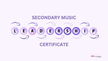 Purple text reading 'Secondary music Leadership Certificate'. Music Education Solutions logo in bottom right corner. The word 'Leadership' has each letter within a small circle, with arrows above and below pointing to the next letter.