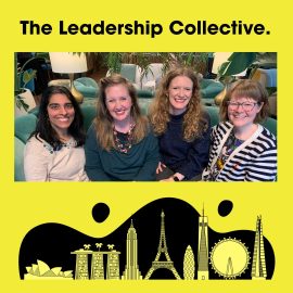 The Leadership Collective team photograph, inset into yellow background with the TLC cityscape graphic and font stating 'The Leadership Collective'