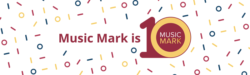 White banner with the words 'Music Mark is 10' with the Music Mark logo inside the 0.