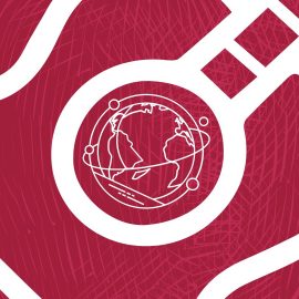 Illustration of globe with lines and circles indicating communication around it, inset into the sound hole of a guitar. On a red background of Music Mark theme colours.