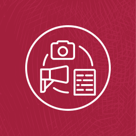 Icon showing camera, megaphone and document graphic with lines linking them all.