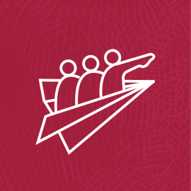 Icon graphic of paper aeroplane carrying three people. The one at the front of the plane is pointing forward.