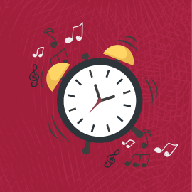 Alarm clocking ringing graphic. Alarm clock is surrounded by musical notation.