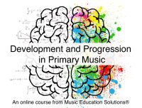 Black image of a brain with the left side in front of a mathematical black and white background, the right side is in front of a colourful paint background. Black text reading 'Development and Progression in Primary Music, An online course from Music Education Solutions'