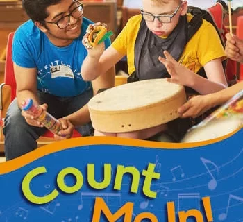 Book cover of Count Me In! we see two children playing music and then a brightly covered tighter