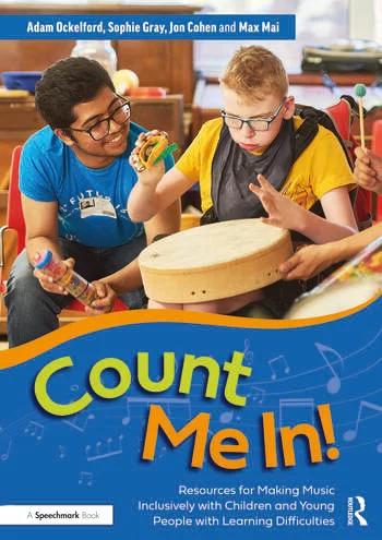 Book cover of Count Me In! we see two children playing music and then a brightly covered tighter