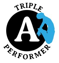 Triple A Performer logo in black and white with a blue person shaped as though they are jumping
