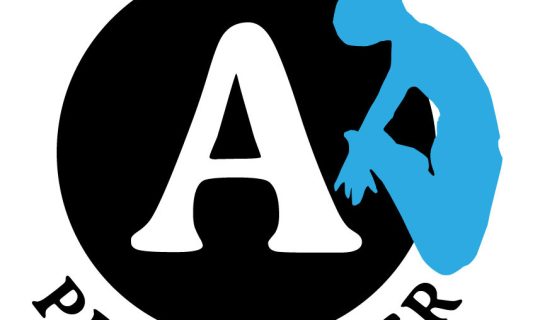 Triple A Performer logo in black and white with a blue person shaped as though they are jumping