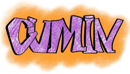 graffiti style logo of CUMIN, with orange background and purple text.