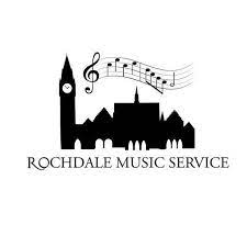 Black text reading 'Rochdale Music Service' below black image of buildings and a clock tower, with music notes above