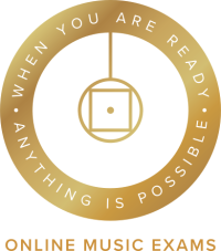 Gold circle with white text reading 'When you are ready anything is possible' in two semi circles. At the bottom there is gold text reading 'Online Music Exams'